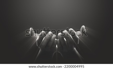 Hand prayer god faith holy worship on hope religion background of believe church pray jesus christian religious grace black white concept or love spiritual bible peace and spirit trust blessed light. Royalty-Free Stock Photo #2200004995