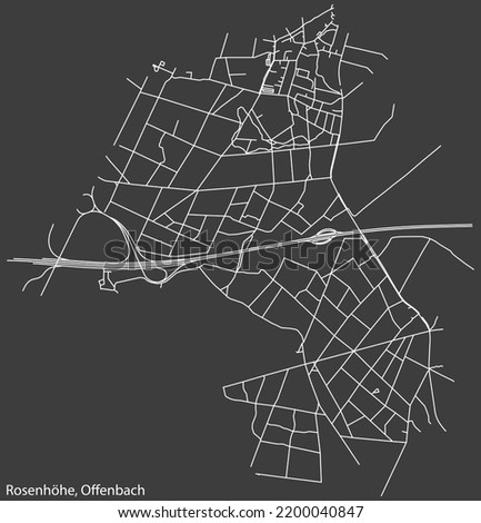 Detailed negative navigation white lines urban street roads map of the ROSENHÖHE DISTRICT of the German regional capital city of Offenbach am Main, Germany on dark gray background