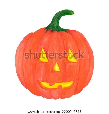 Hand drawn watercolor orange Jack-o-lantern pumpkin on white background. Halloween Scrapbook design, typography poster, label, banner