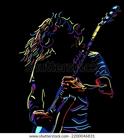 Man playing rock'n roll with guitar. Line art illustration.