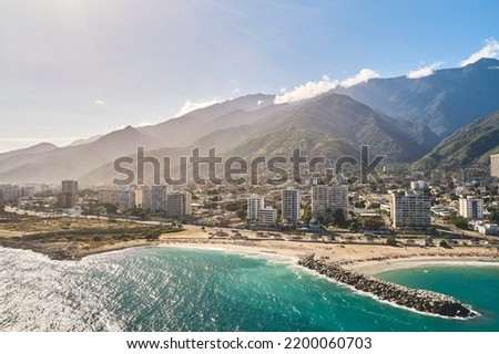 Aerial view picturesque public beach with turquoise water. Los Corales, La Guaira, Venezuela Royalty-Free Stock Photo #2200060703