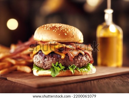A Picture of a Delicious Burger with Cheese, Bacon, Salad, Tomatos and Fries in the Background
