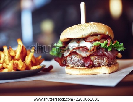 A Picture of a Delicious Burger with Cheese, Bacon, Salad, Tomatos and Fries in the Background