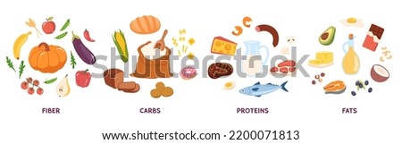 Carbs, proteins, fats, fiber food groups set. Fruits, vegetables, fish, cheese, oil, meat products healthy nutrition balance. Different food energy categories, natural diet flat vector illustration Royalty-Free Stock Photo #2200071813