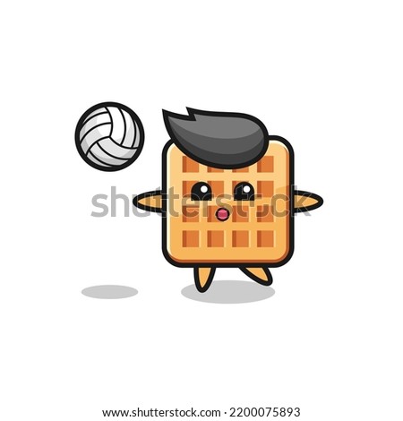 Character cartoon of waffle is playing volleyball , cute design