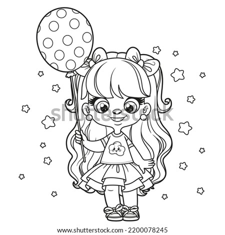Cute cartoon longhaired baby girl with a polka dot balloon in hand coloring page on a white background