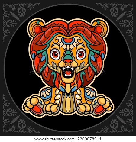Colorful lion zentangle arts isolated on black background