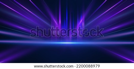 Abstract technology futuristic glowing blue and purple light lines with speed motion blur effect on dark blue background. Vector illustration Royalty-Free Stock Photo #2200088979