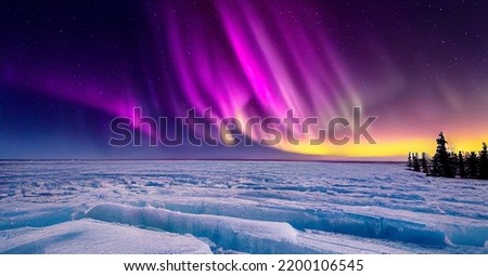 Aurora borealis on the Norway. Green northern lights above mountains. Night sky with polar lights. Night winter landscape with aurora and reflection on the water surface. Natural back Royalty-Free Stock Photo #2200106545