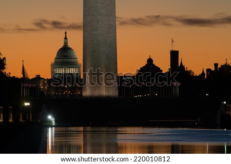 Washington DC, Monuments in silhouette at sunrise
