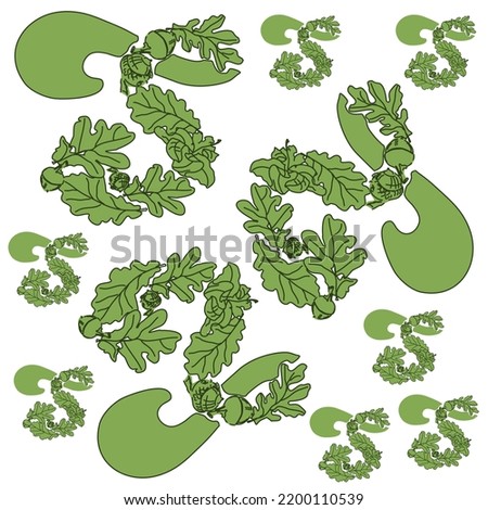 Decorative pattern of stylized letters S. Alphabet of oak leaves and acorns.