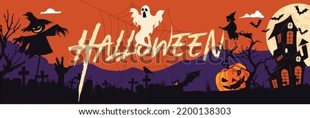 Happy Halloween party banner for October event, orange purple background and scary smiling pumpkin, white ghost, flying black bats, scarecrow, creepy witch. Halloween graveyard night. Trick or treat.