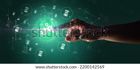 Businessman hand pressing stock graphic information on multitouch screen