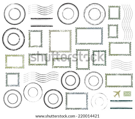 Set of postal stamps and postmarks, isolated on white background, vector illustration. Royalty-Free Stock Photo #220014421