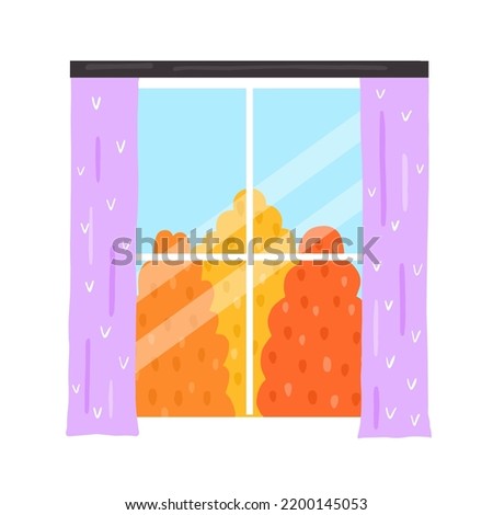 Window with curtain and yellow tree in cartoon style