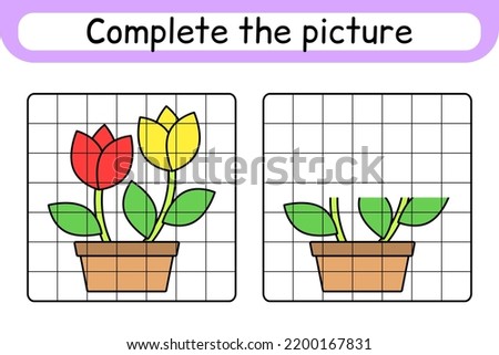 Complete the picture flower tulip. Copy the picture and color. Finish the image. Coloring book. Educational drawing exercise game for children. Vector illustration