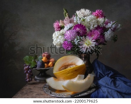 Still life with melon and bouquet of flowers