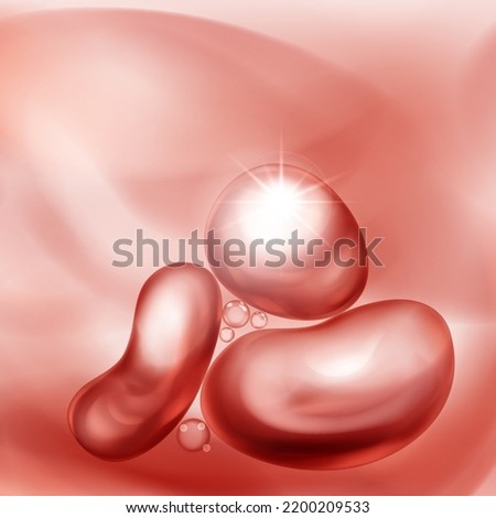 Illustration with beautiful realistic air bubbles with bright glare, floating in water or other liquid, in red color