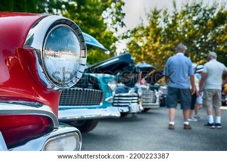 Vintage American cars on display at classic car show Royalty-Free Stock Photo #2200223387
