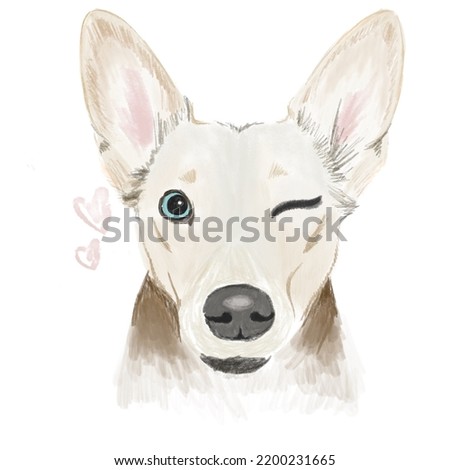 illustration. a loving, cute dog with big ears and blue eyes winks and begs for a treat, on a white background