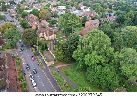 Beautiful High Angle View of St Albans Town Centre of England, Great Britain UK. Residential and downtown buildings image captured on 07th Sep 2022. Drone's point of view. Royalty-Free Stock Photo #2200279345