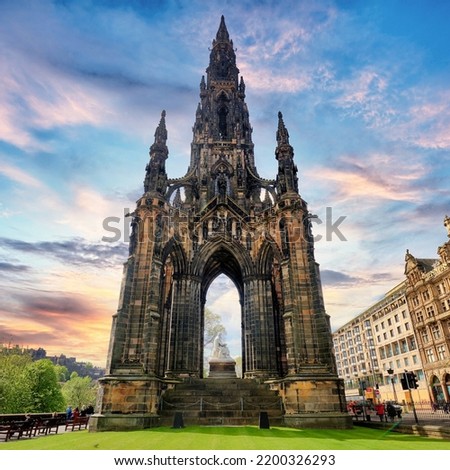Scott Monument in Edinburgh at sunset, Scotland Royalty-Free Stock Photo #2200326293