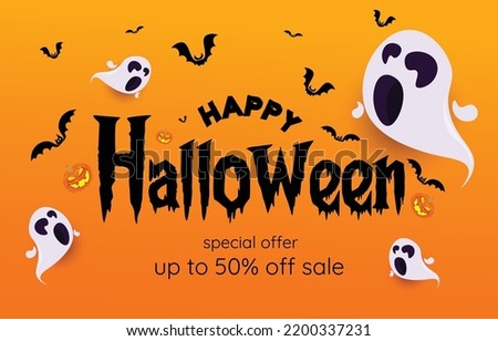 Halloween background. Special offers and shopping discounts. Halloween sale horizontal banner.Vector illustration holiday promotion decorated with cartoon ghosts and bats.
