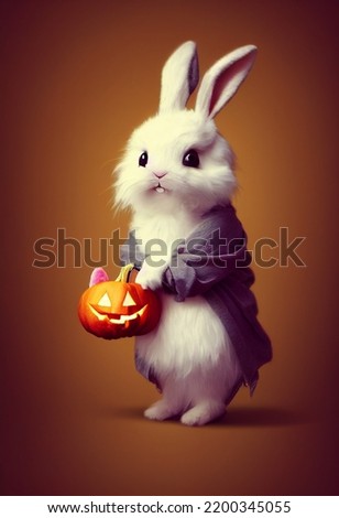 cute fluffy bunny holding pumpkin for halloween Royalty-Free Stock Photo #2200345055