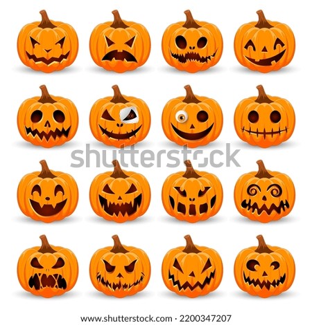 Happy Halloween collection pumpkins. Pumpkins isolated. Main symbol of Happy Halloween holiday. Collection orange pumpkins with scary spooky smile Halloween. Vector illustration Royalty-Free Stock Photo #2200347207