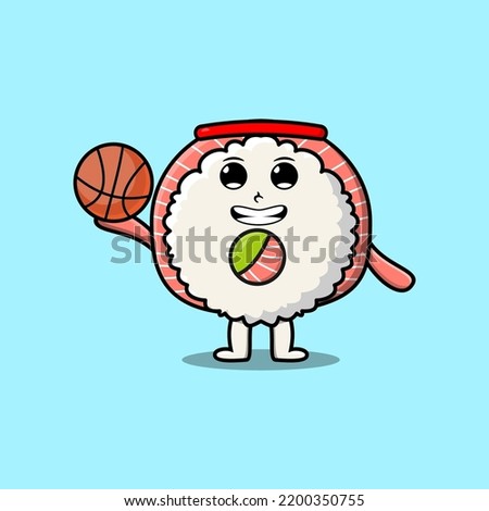 Cute cartoon Rice sushi rolls sashimi character playing basketball