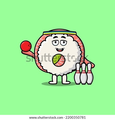 Cute cartoon Rice sushi rolls sashimi character playing bowling in flat modern style design
