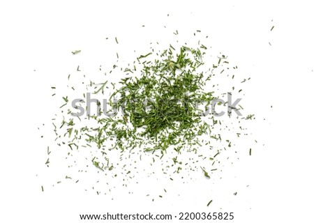 Pile of dry dill isolated on white background, top view. Heap of dry dill isolated on white. Dried fennel, crushed dill powder. Green ground dried dill isolated on white background, top view. Royalty-Free Stock Photo #2200365825