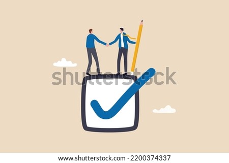 Commitment, promise or agreement to deliver or finish work, leadership skill or trust on work responsibility, accountability or engagement concept, businessman handshake on tick completed checkbox. Royalty-Free Stock Photo #2200374337