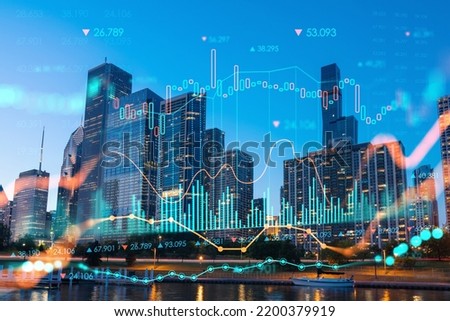 Downtown city view of Chicago, skyline panorama over Lake Michigan, harbor area, sunset, Illinois, USA. Forex graph hologram. The concept of internet trading, brokerage and fundamental analysis Royalty-Free Stock Photo #2200379919