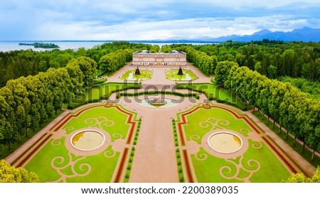 Herrenchiemsee Palace aerial panoramic view, it is a complex of royal buildings on Herreninsel, the largest island in the Chiemsee lake, in southern Bavaria, Germany Royalty-Free Stock Photo #2200389035
