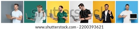 Collage with photos of men holding modern laptops on different color backgrounds. Banner design