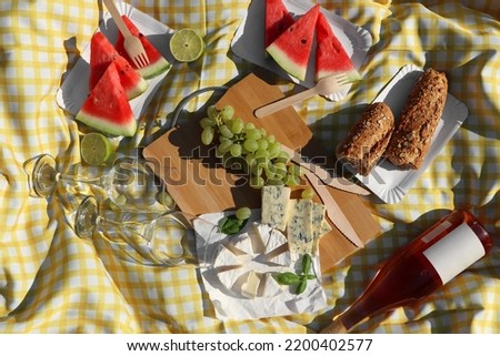 Delicious food and wine on picnic blanket, flat lay