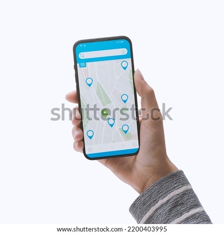 Woman getting directions using a maps application on her smartphone, POV shot On white background