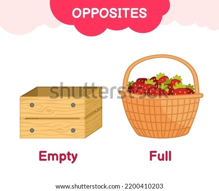 Vector learning material for kids opposites full empty. Cartoon illustrations of empty wooden box and full basket full of strawberries

