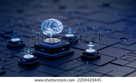 Artificial intelligence AI neural network digital brain machine deep learning processing big data analysis technology connection mining chipset on Circuit board futuristic. 3d rendering.