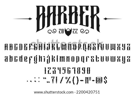 Barber shop old font, vintage type alphabet or typeface, barber typography. Barbershop font or script text labels with numbers, ABC letters and signs, hipster or barber shop retro type alphabet Royalty-Free Stock Photo #2200420751