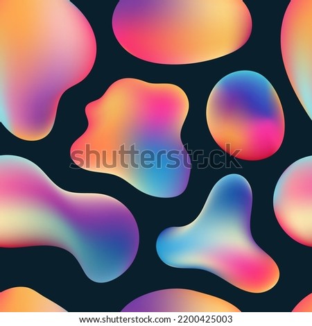 Abstract 3D vibrant color fluid bubbles shapes seamless pattern on black background. Vector illustration
