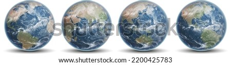 Set of earth globes. Four of blue planets Earth on a white background. Highly realistic illustration.