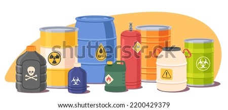 Hazard toxic chemical substances in containers. Different liquids, oil tank, dangerous radioactive, flammable, poisonous substances with biohazard, skull warning safety signs. Flat vector illustration Royalty-Free Stock Photo #2200429379