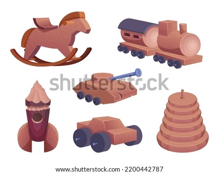 Wooden toys. Attraction for kids cars houses soldiers cubes exact vector toy collection isolated on white