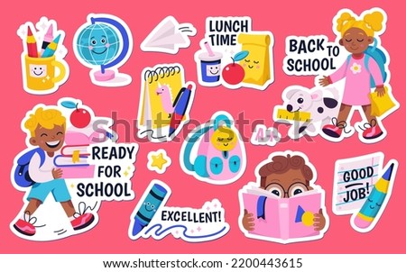 School stickers set vector illustration. Cartoon isolated schoolboy and schoolgirl carrying backpack, books and lunchbox, cute smart kids, elementary pupils on pink background. Education concept