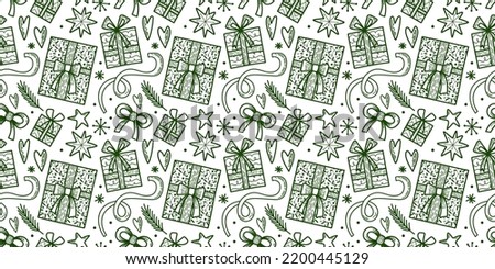 Vector seamless pattern Christmas tree decoration New Year Eve celebration Winter season theme Ornament with many baubles, ribbons, snowflakes and presents Festive background repetitive illustration
