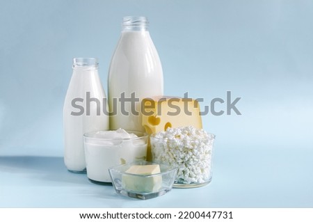 Background with dairy products. Milk, kefir, sour cream, cheese, butter and cottage cheese in a glass container on a light background close-up. Royalty-Free Stock Photo #2200447731