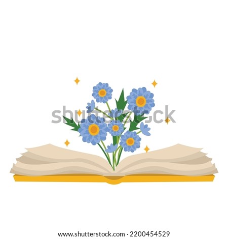  Vector open book with a bouquet of beautiful flowers and stars.