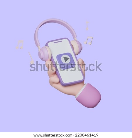 3d Smartphone on hand and headphone and music realistic elements with clipping path. 3D Rendering. 3D icon Rendering illustration.